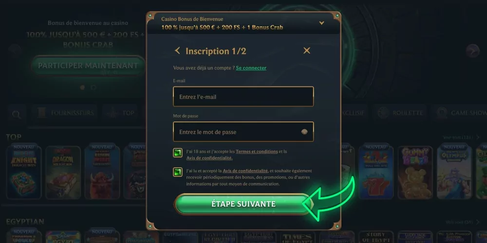 Compl&eacute;ter l'inscription au casino Talismania