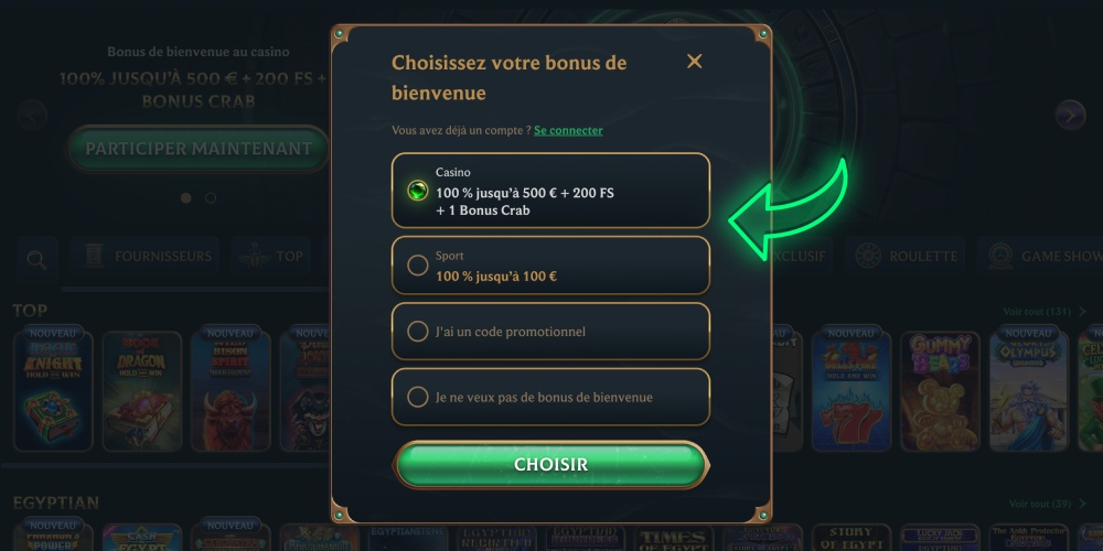 s&eacute;lectionner un bonus de bienvenue